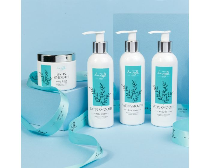 Eve Taylor Satin Smooth Body Pamper Collection with body wash, body polish, body oil and body cream
