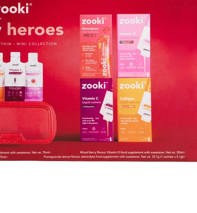 Close-up of the red Zooki travel make-up bag included in the Glow Heroes gift set