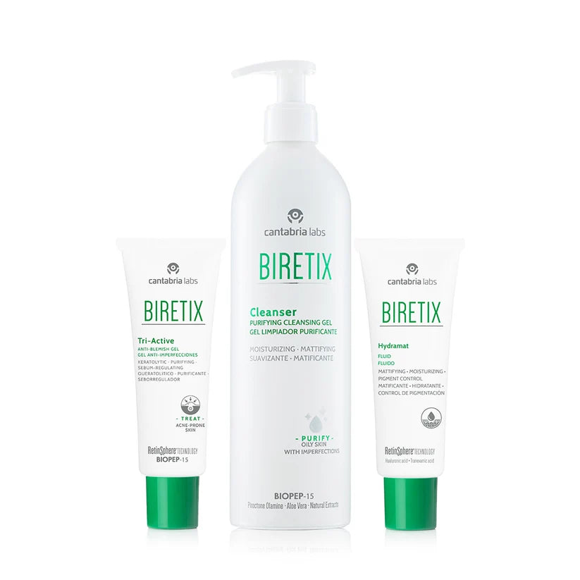 Biretix Cleanser, Tri-Active Gel and Hydramat Fluid product shots