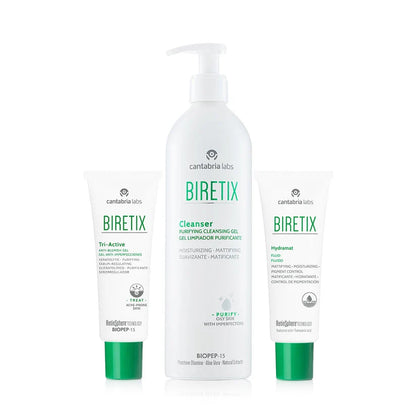 Biretix Cleanser, Tri-Active Gel and Hydramat Fluid product shots
